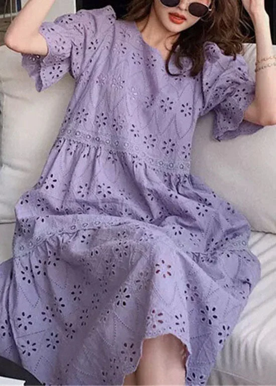 Fashion Purple Embroideried Hollow Out Patchwork Cotton Dress Puff Sleeve