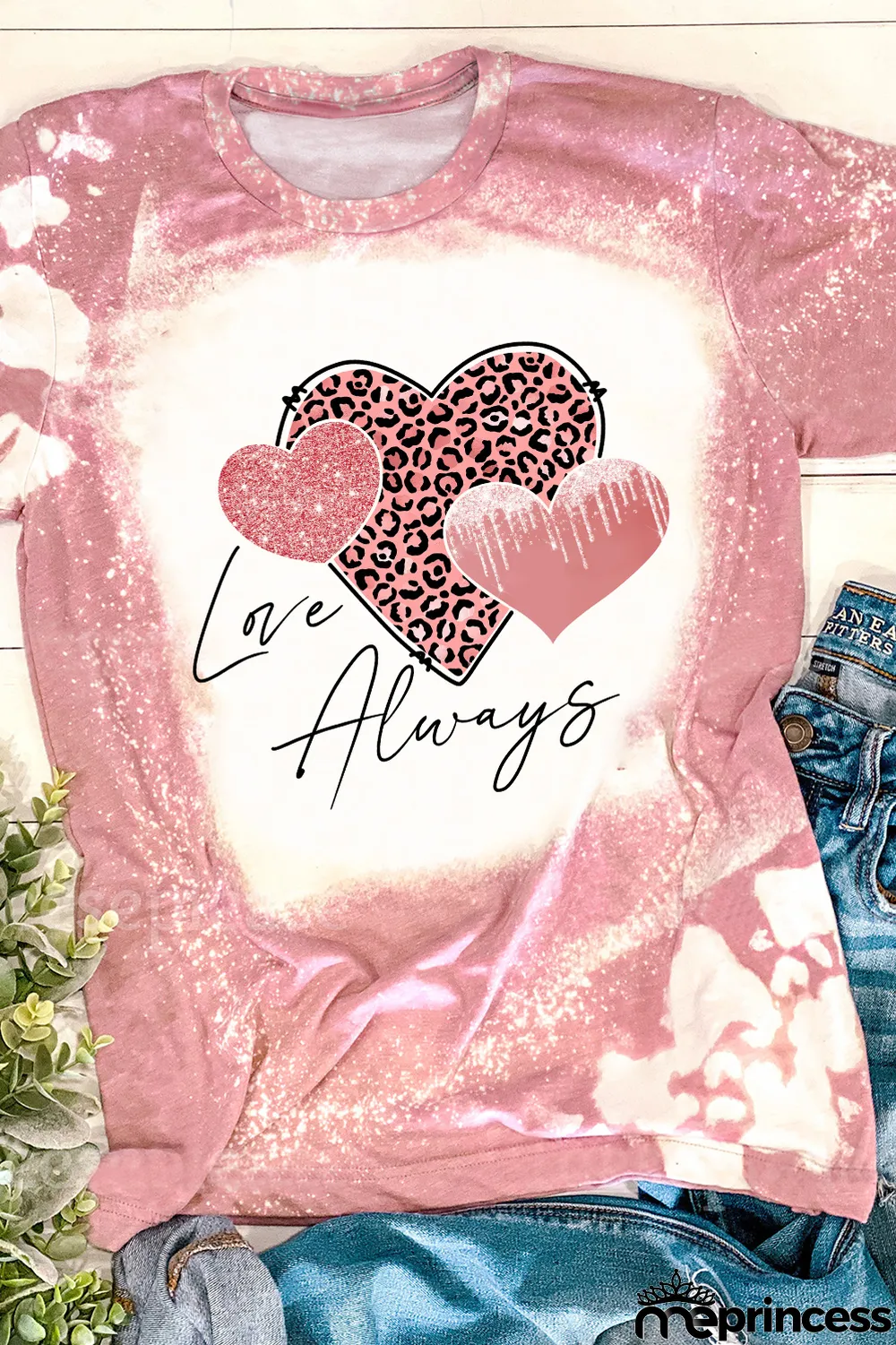 Pink Love Always Heart Leopard Bleached Print Graphic T Shirt