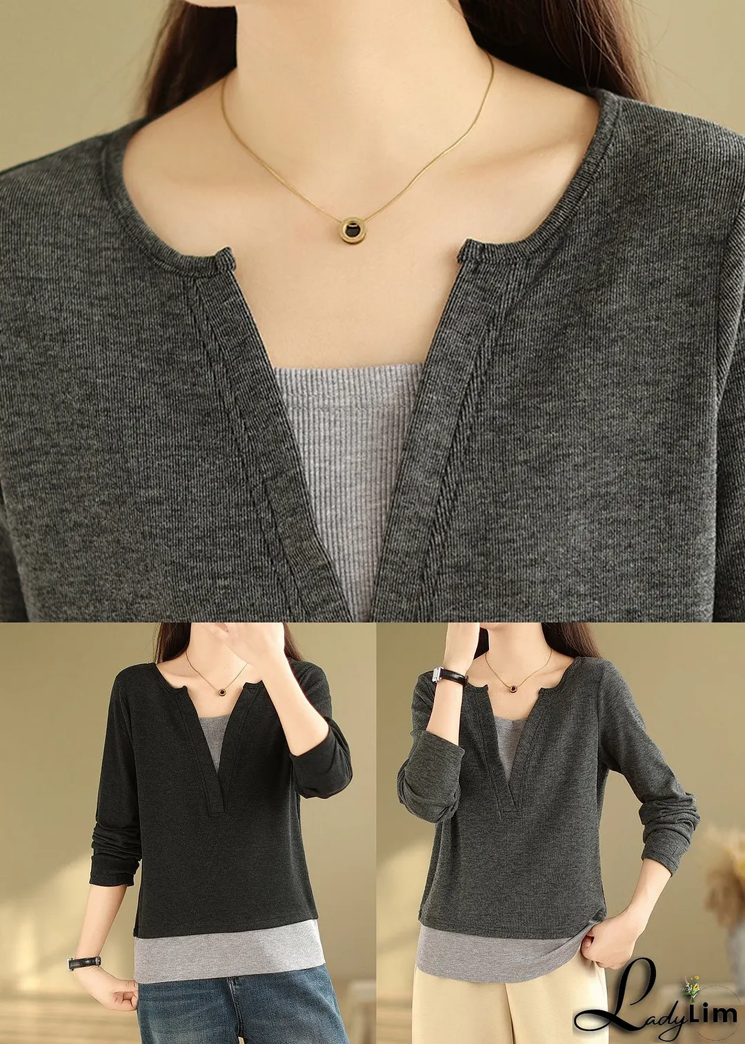 Black Patchwork Versatile Cotton T Shirts V Neck False Two Pieces Fall