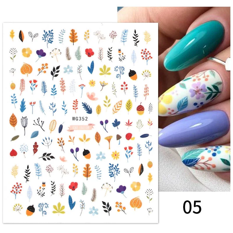 3D Nail Stickers Fan Leaf Dried Flower Shiny Sliders Nail Art Decorations Lucky Clover Fashion Foil Manicures