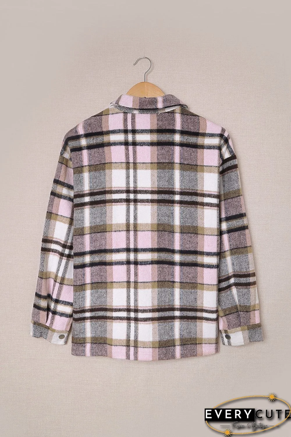 Pink Geometric Plaid Print Pocketed Shirt