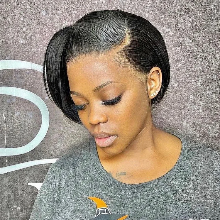 Straight Pixie Cut Human Hair Lace Wig With Side Bang