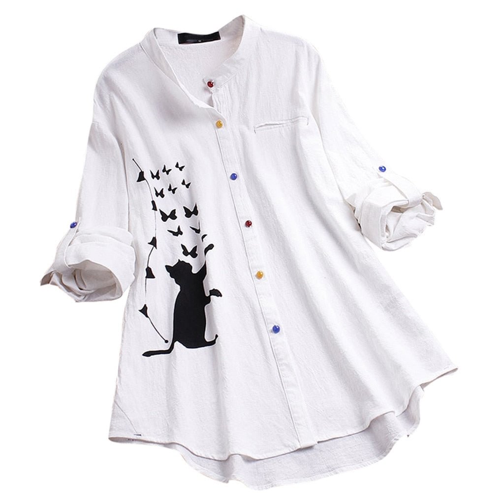 Women Shirt Casual Cat Print Blouse Long Sleeve Blouse Colorful Button Shirt Top Blouse womens tops and blouses ropa mujer NEW