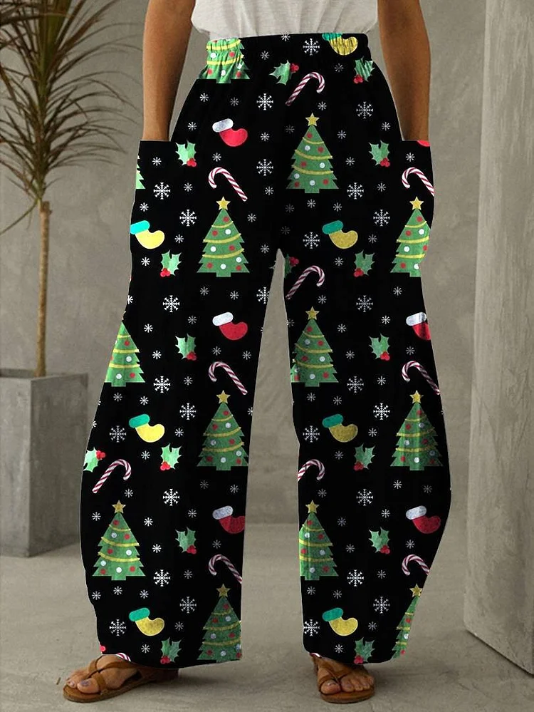 Plus Size Christmas Tree Printed Trousers VangoghDress