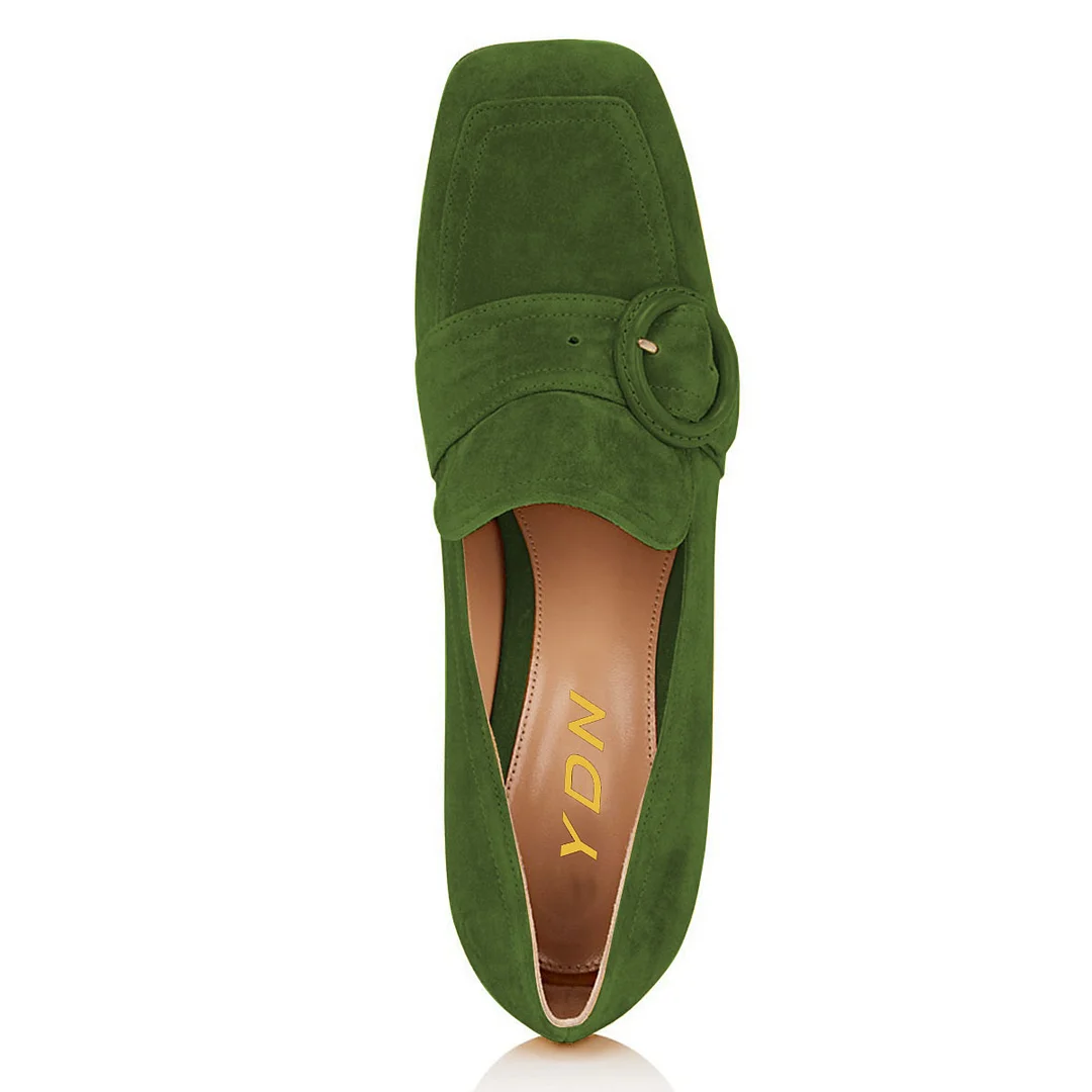 Green Vegan Suede Square Toe Buckle Chunky Heeled Loafers Women