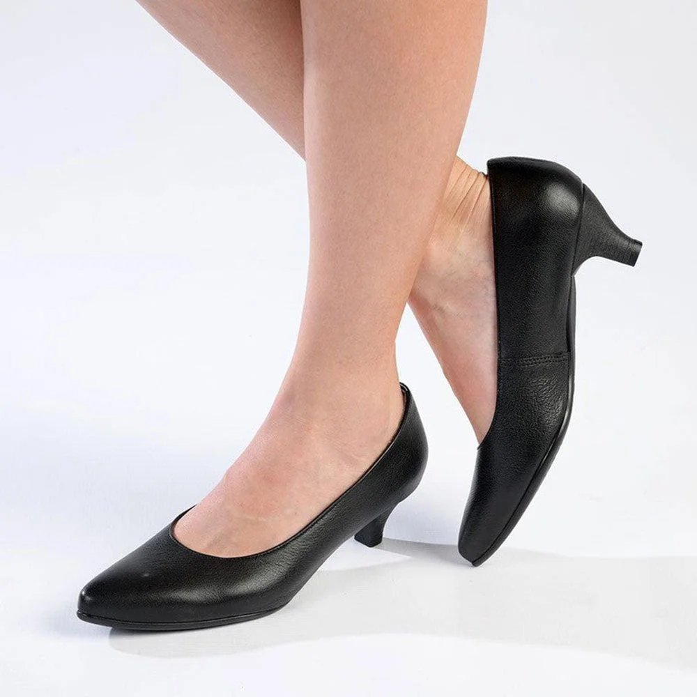 Women's Black Vegan Leather Pointed Toe Simple Low Heel Pumps