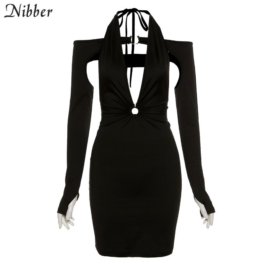 Nibber Y2K Fashion Mini Dresses Long Sleeves Low-Cut Halter Design Slim Sexy Hot Girl Style For Women Party Night Clubwear New