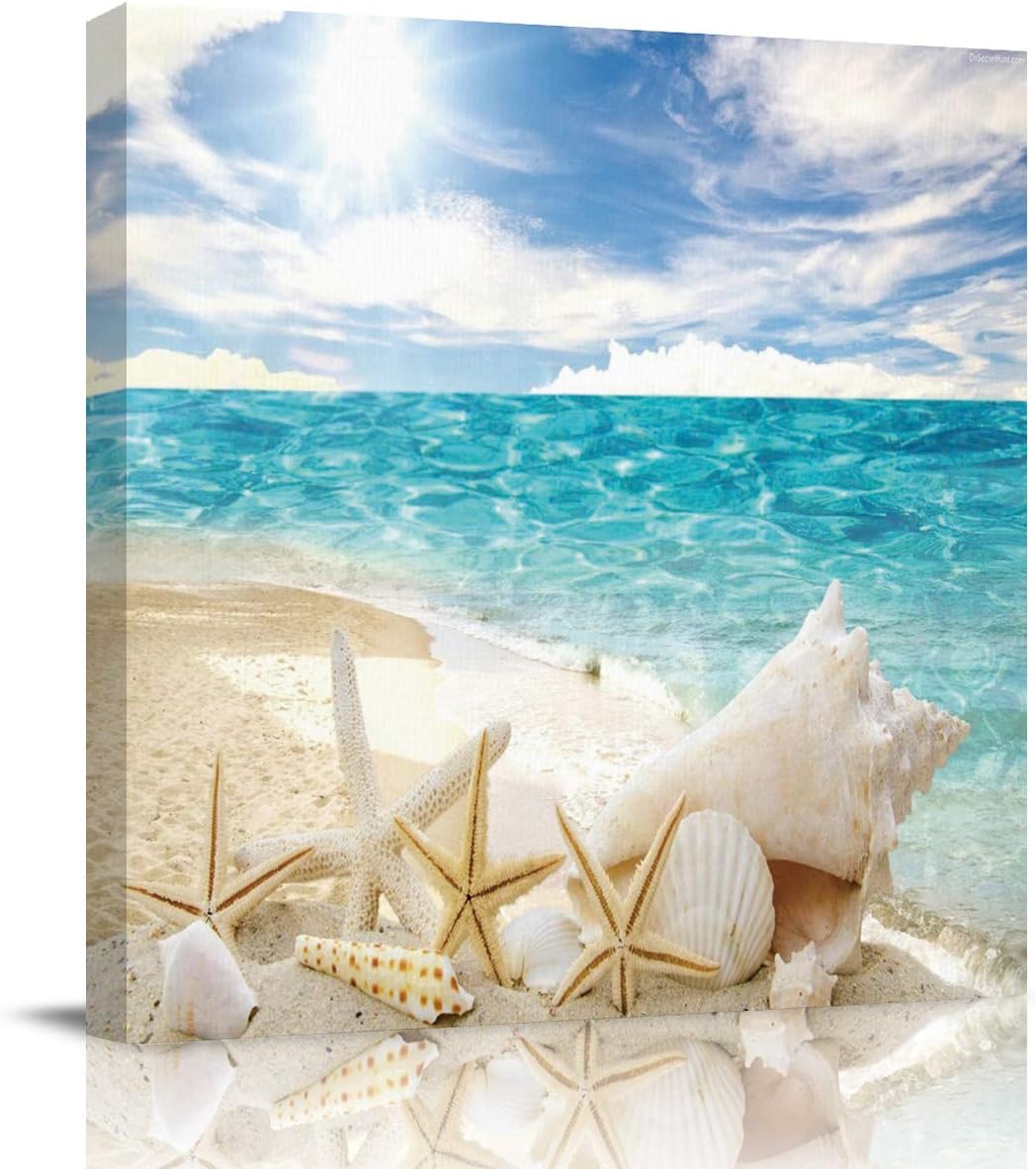 Canvas Wall Art for Living Room The Beach Scenery of Starfish Beach Picture Framed Wall Decor Picture Painting Prints for Holiday Bedroom Bathroom Framhouse Office Kitchen Home Decoration, 28 inch x28 inch  28 x 28 in