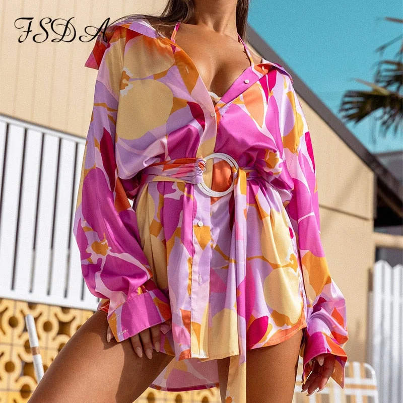 FSDA 2021 Floral Print Long Sleeve Dress Women A Line With Belt Beach Summer Spring Sexy V Neck Casual Mini Dresses Holiday