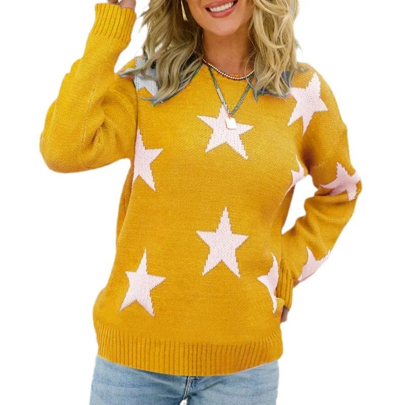Wongn Wongn Women's Fashion Autumn And Winter New Sweater Long Sleeve Round Collar Knit Jumper Five-Pointed Star Loose Casual Women's Clothing