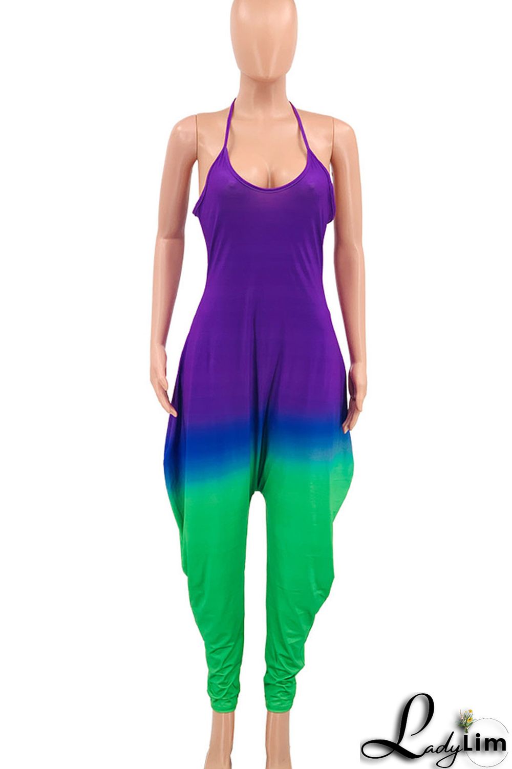 Green Casual Gradual Change Print Patchwork Spaghetti Strap Harlan Jumpsuits