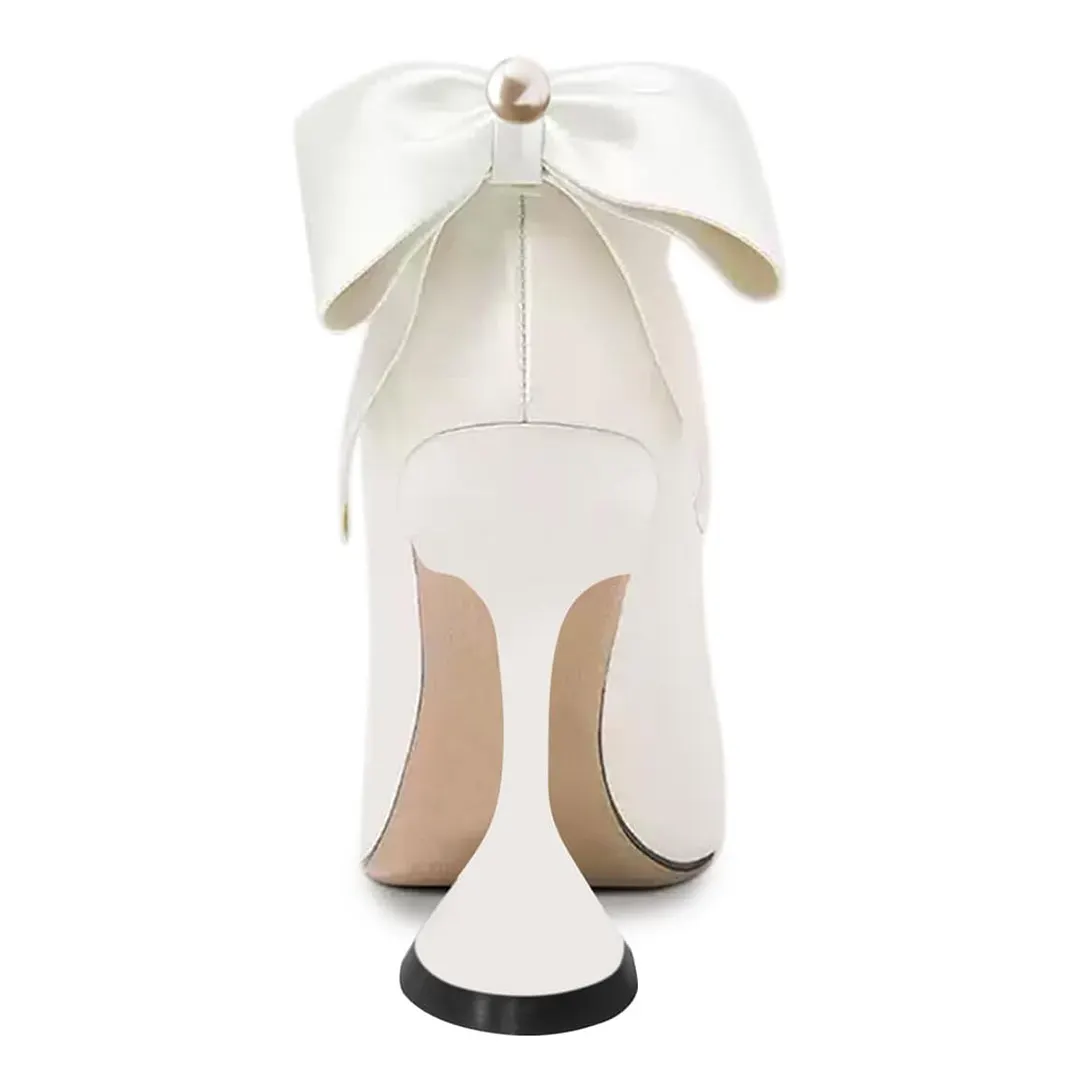 White Satin Pointed Toe Pearl Decor Bow Classy Wedding Heels