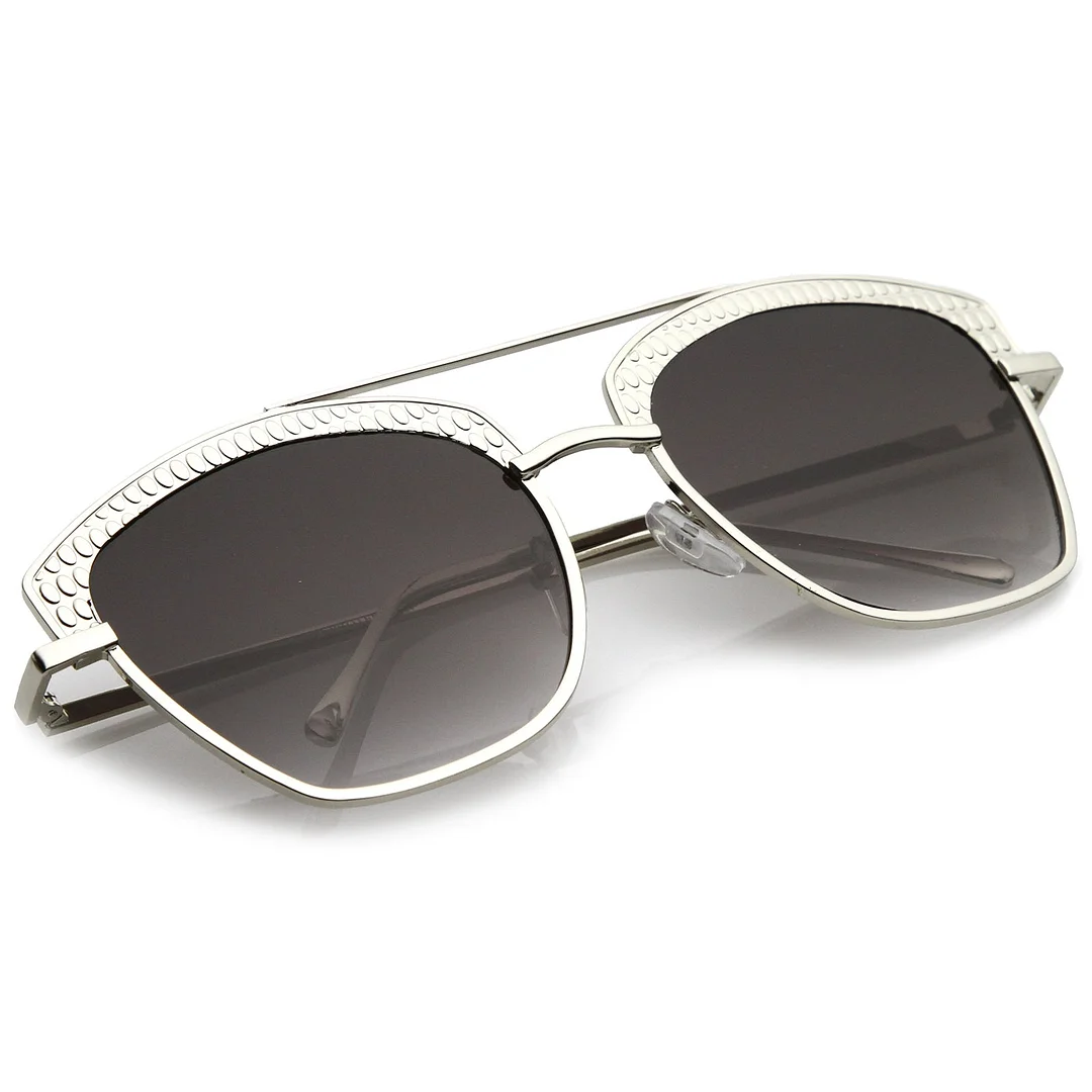 Women's Crossbar Slim Arms Textured Metal Flat Lens Square glasses 58mm