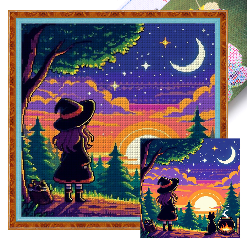 Witch And Cat In The Moonlight Full 11CT Pre-stamped Canvas(45*45cm) Cross Stitch