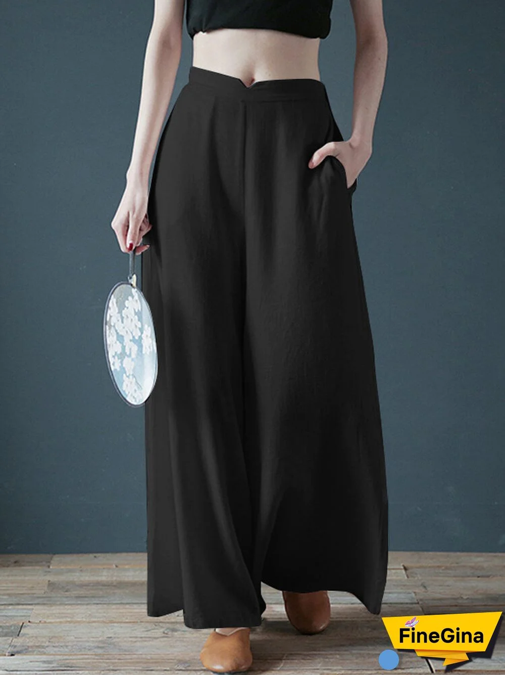 Solid Color Wide Leg Elastic Waist Casual Pants For Women