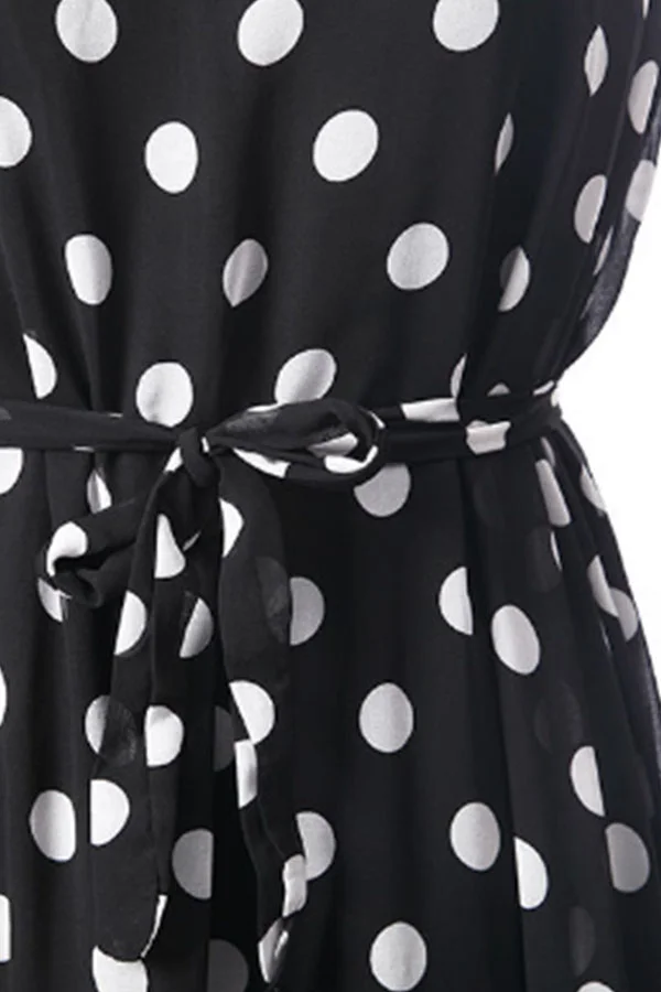 Round Neck Belt Dot Maxi Dress - SissiStyles.com