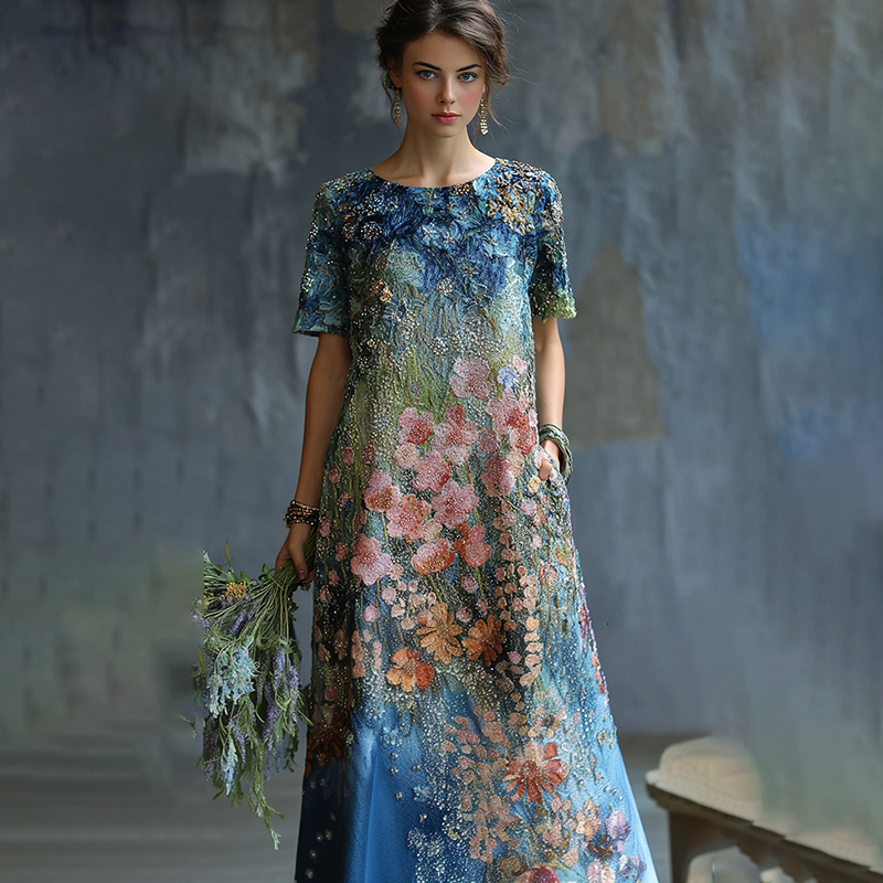 Women's Oil Painting Floral Contrast Color Sequined Maxi Dress  artssus