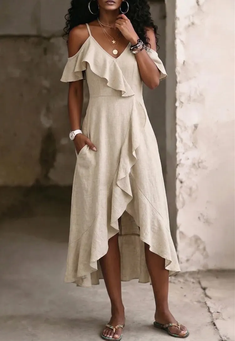 Women's Asymmetrical RuffleCold Shoulder V-Neck Dress