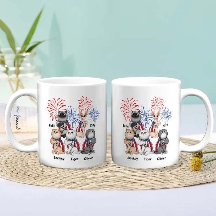 Personalized Ceramic Mug- Tattoo Fluffy Cats 4th Of July Independence Day Firework