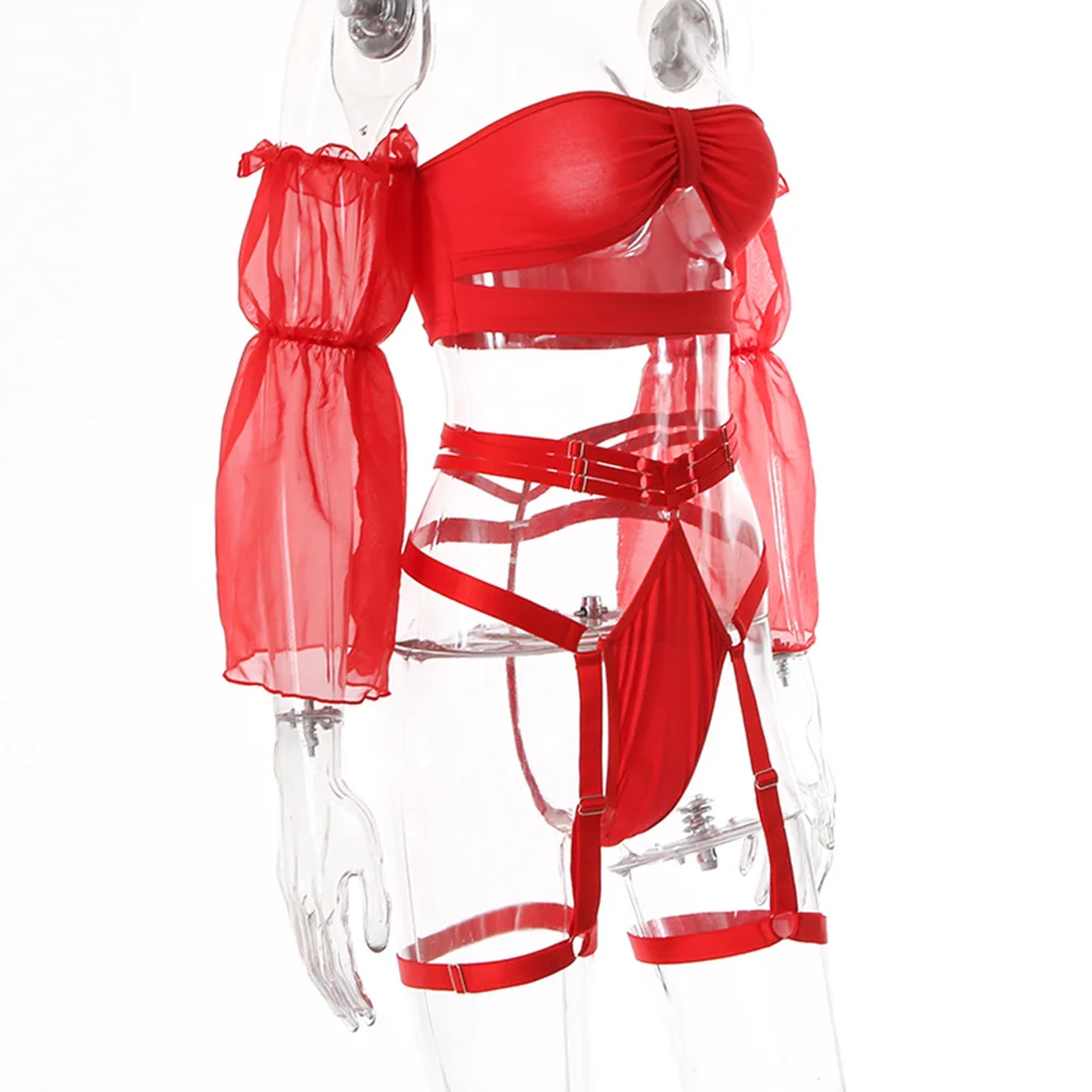 Billionm Sexy Lingerie Set Red Lace Underwear Off Shoulder Sleeves Nightwear Erotic Bra and Panties Hollow Out Mesh Intimate Sensual Sets