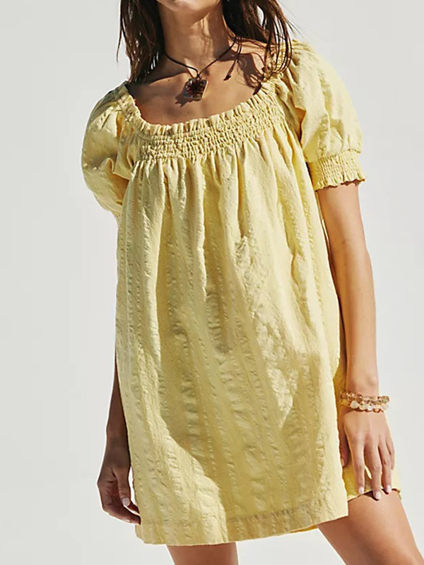 Puff Short Sleeve U Neck Solid Color Casual Mini Dress