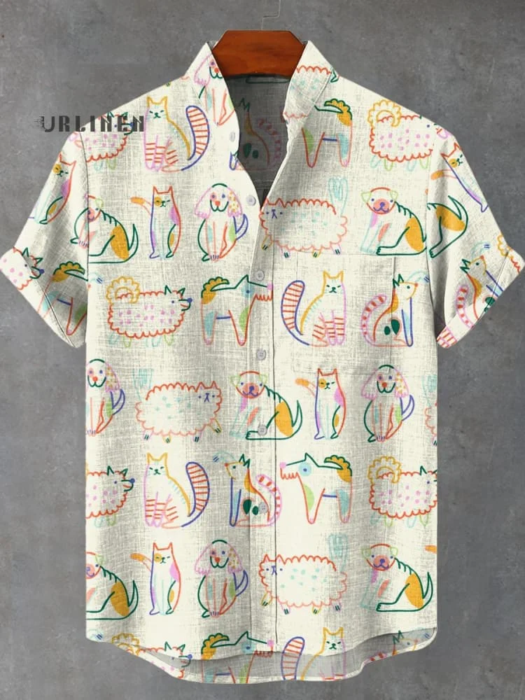Cute Animals Dogs Cats Rainbow Art Print Casual 100% Cotton Shirt