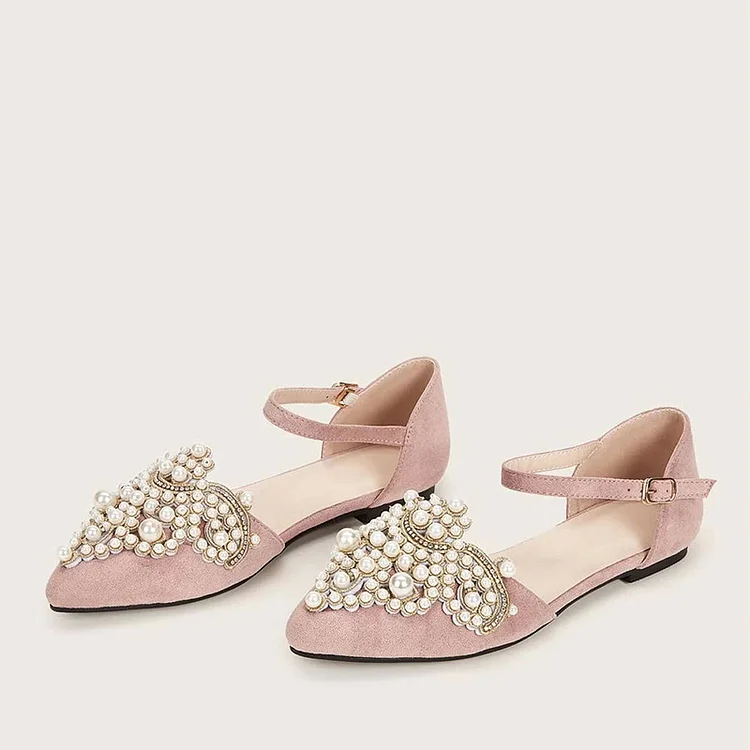 Pink Jeweled Vegan Suede Shoes Ankle Strap Pointed Toe Flats |FSJ Shoes