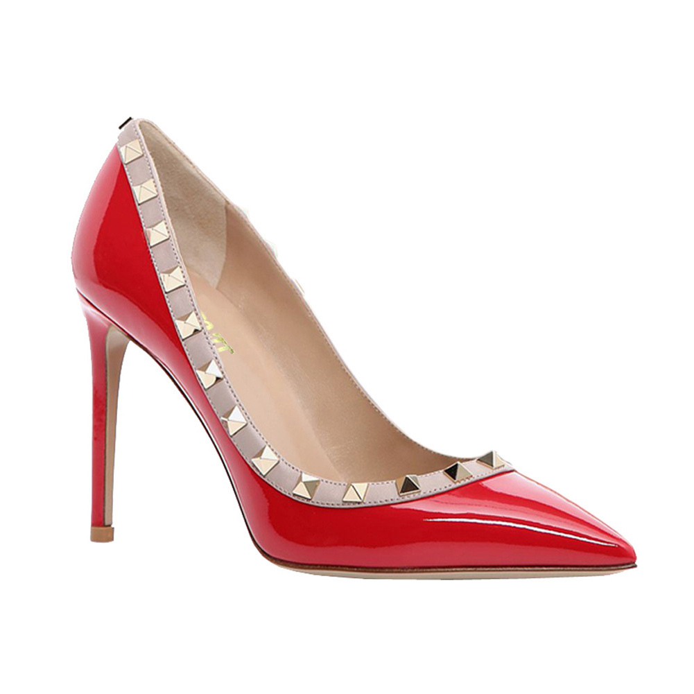 100mm Women's Sexy Pointy Toe Studs Stilettos High Heels Rivets Shoes Red Patent-vocosishoes