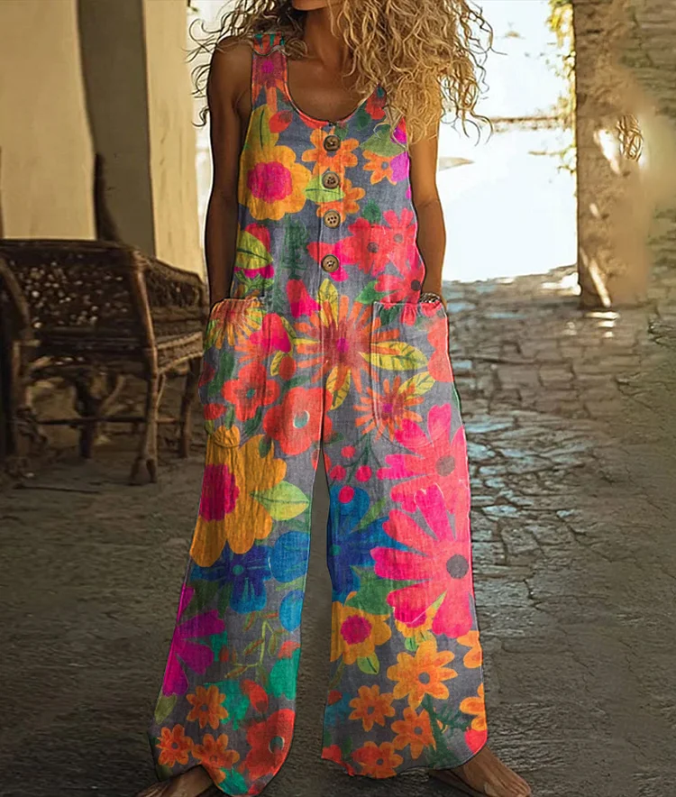 Vintage Floral Art Print Casual Wide Leg Jumpsuit