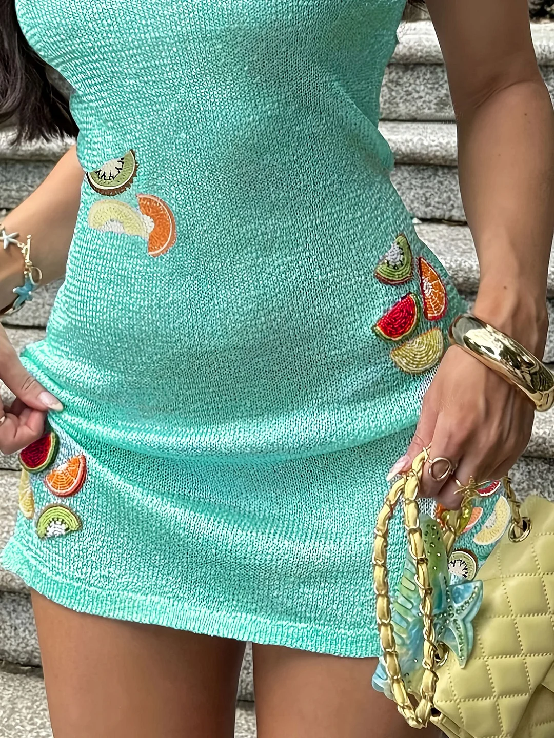 Athvotar Athvotar Summer Sweater Women's Fashion Knitted Fruit Embroidery Slings Short Dress