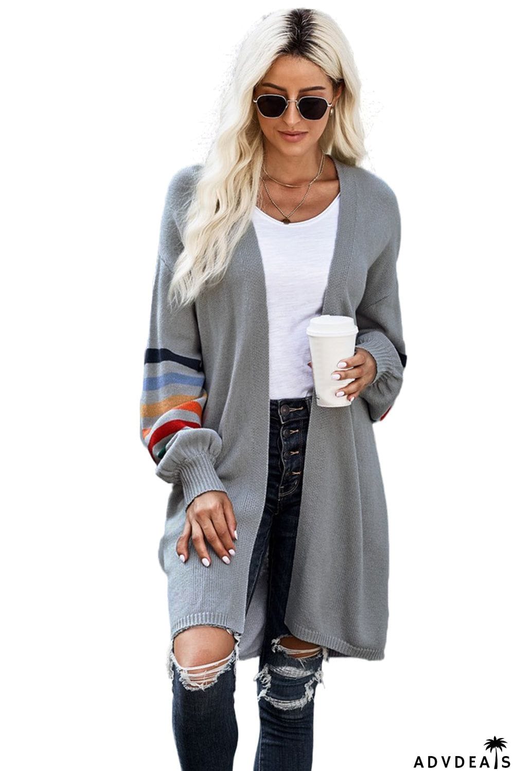 Gray Striped Balloon Sleeve Cardigan