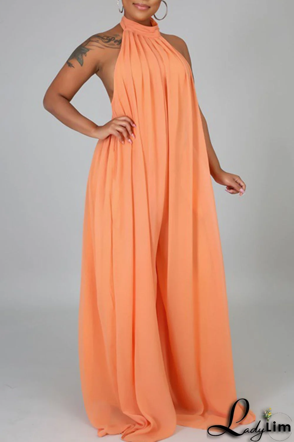 Yellow Elegant Solid Patchwork Backless Halter Straight Jumpsuits