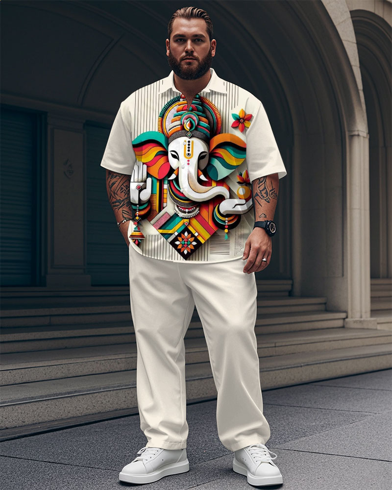 Men's Plus Size Casual Apricot Color Geometric Ethnic Style Elephant Print Short-sleeved Shirt Trousers Suit