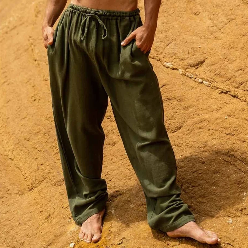 Men's Vacation Breathable Cotton Drawstring Straight Trousers