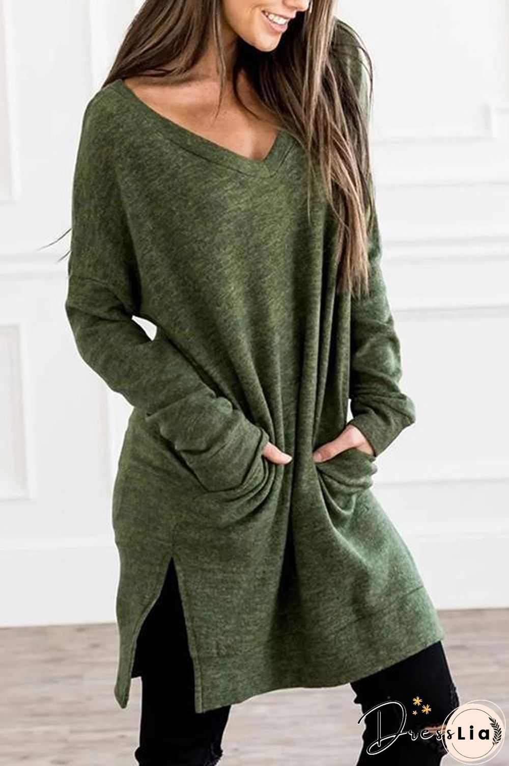 Pockets Slit V Neck Hoodie Dress