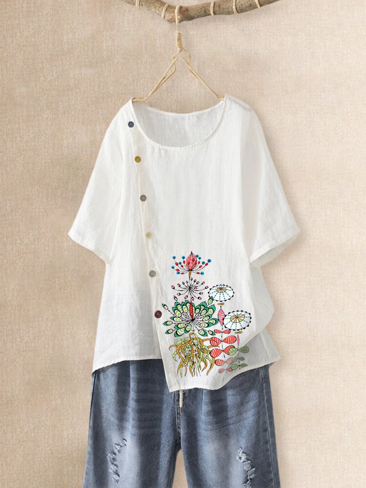 Floral Printed Button Overhead Asymmetrical Hem T shirt P1659536