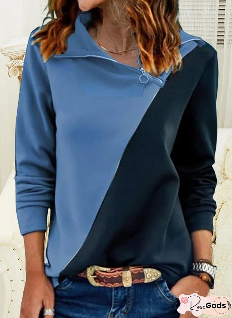 Contrast Panel Zip Collar Loose Sweatshirt