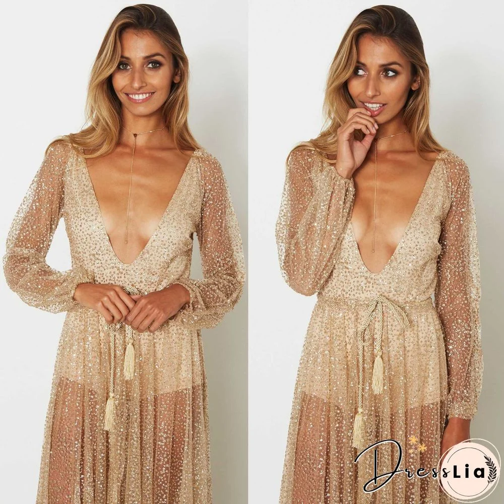 Gitter Sequins Deep Plunge Tie Waist Long Sleeve Sheer Mesh Dress
