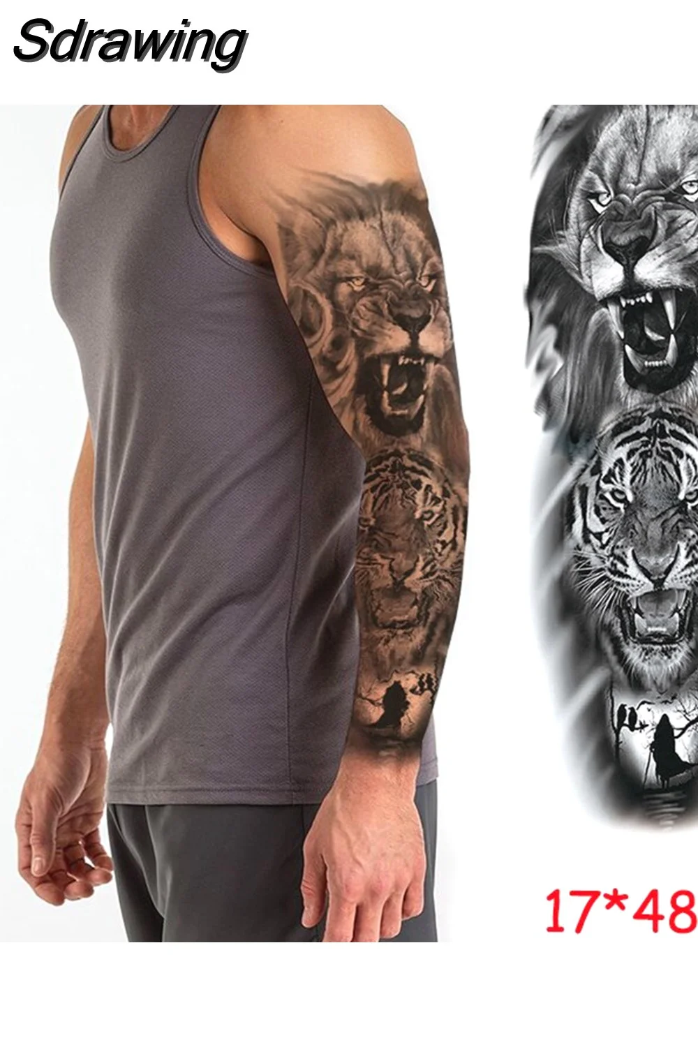 Sdrawing temporary tattoo sticker full arm lion king angel warrior lightning tree flower fake tatto flash tatoo to man woman 430-1