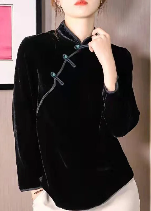 Chinese Style Stand Collar Black Button Patchwork Velour Shirt Fall