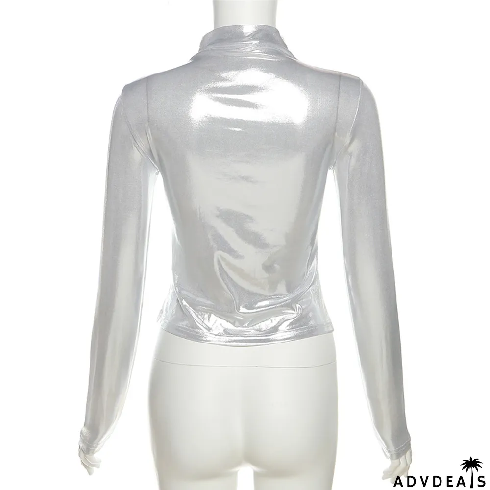 Spring Women's Tops Fashion Bright Shiny Long Sleeve Pullover Slim Fit T-Shirt