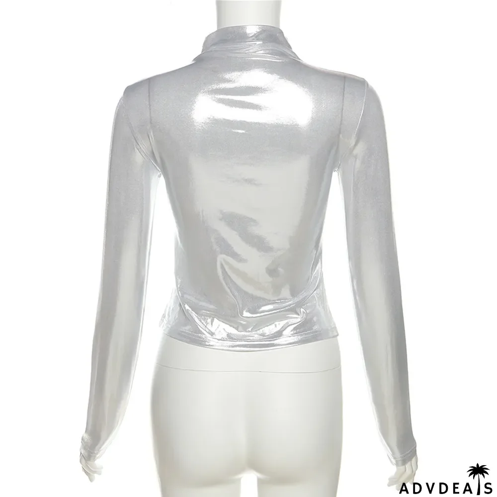 Spring Women's Tops Fashion Bright Shiny Long Sleeve Pullover Slim Fit T-Shirt
