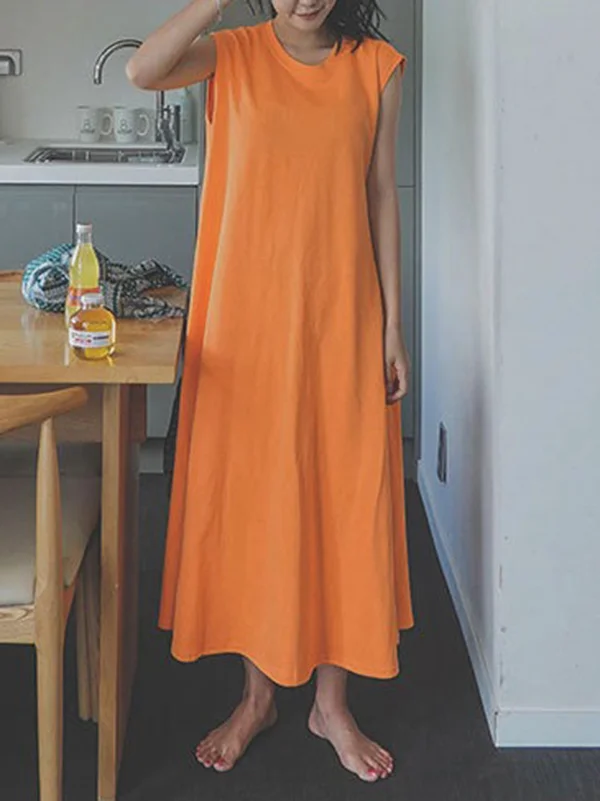 Orange Raglan Sleeve Round-Neck Midi Dress