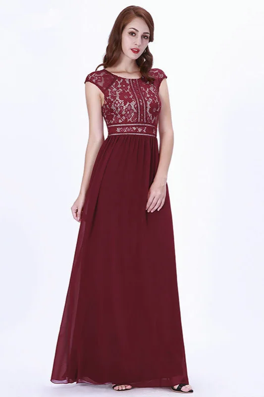 Elegant Burgundy Cap Sleeve Prom Dress Long Chiffon Evening Gowns - lulusllly