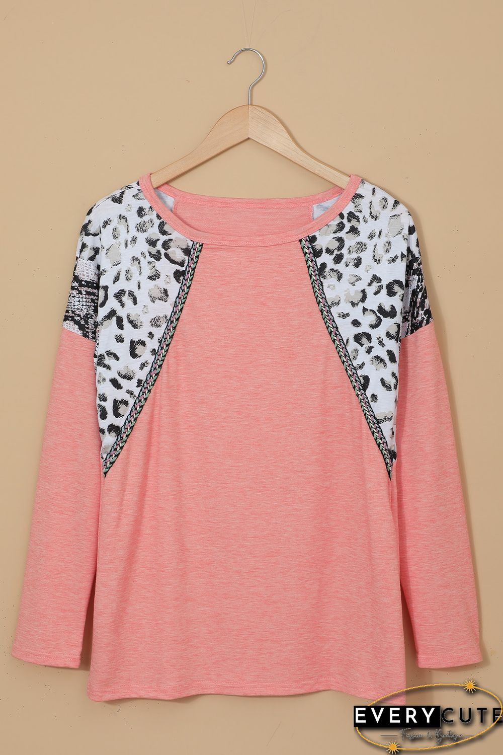 Pink Long Sleeve Top With Leopard Snakeskin Print