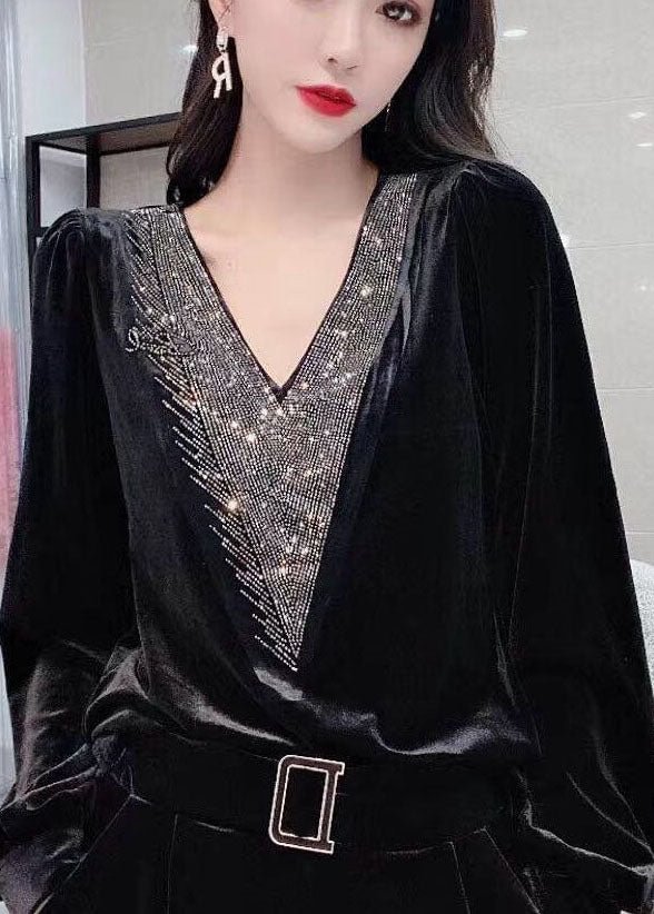 Women Black V Neck Sequins Silk Velour Top Long Sleeve