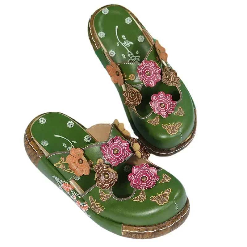 Women's Vintage Tribal Style Floral Slide Sandals Wedge Mule Shoes Clogs Slippers