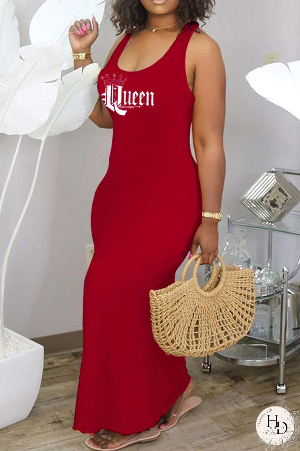 Red Fashion Sexy Letter Print Basic U Neck Vest Dress