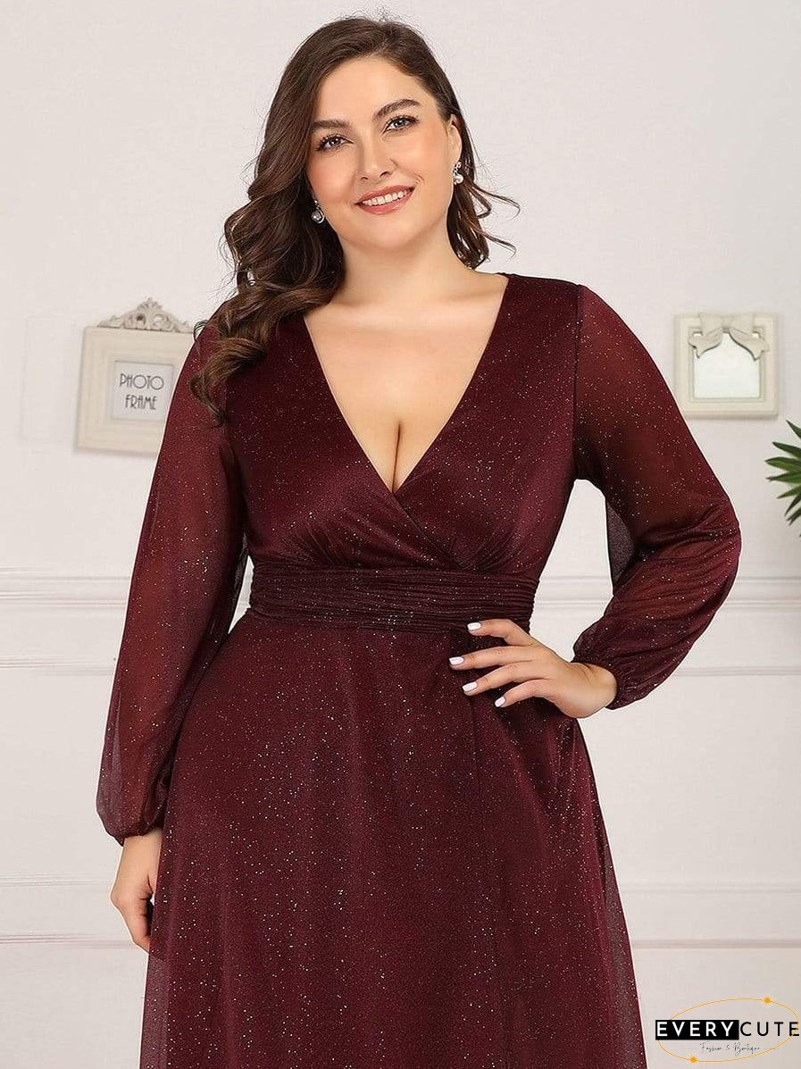 Shiny Puff Sleeve V-Neck Evening Gown for Curvy Women