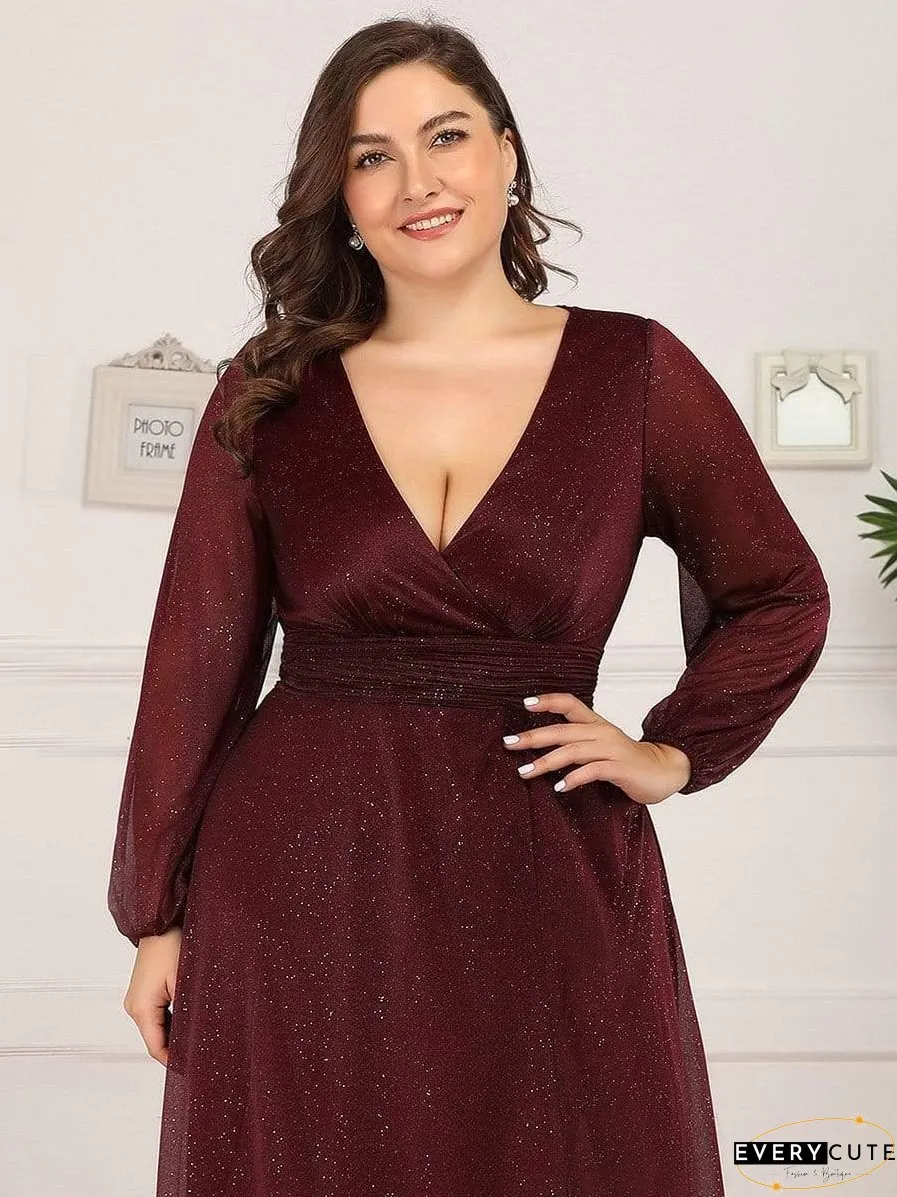 Shiny Puff Sleeve V-Neck Evening Gown for Curvy Women